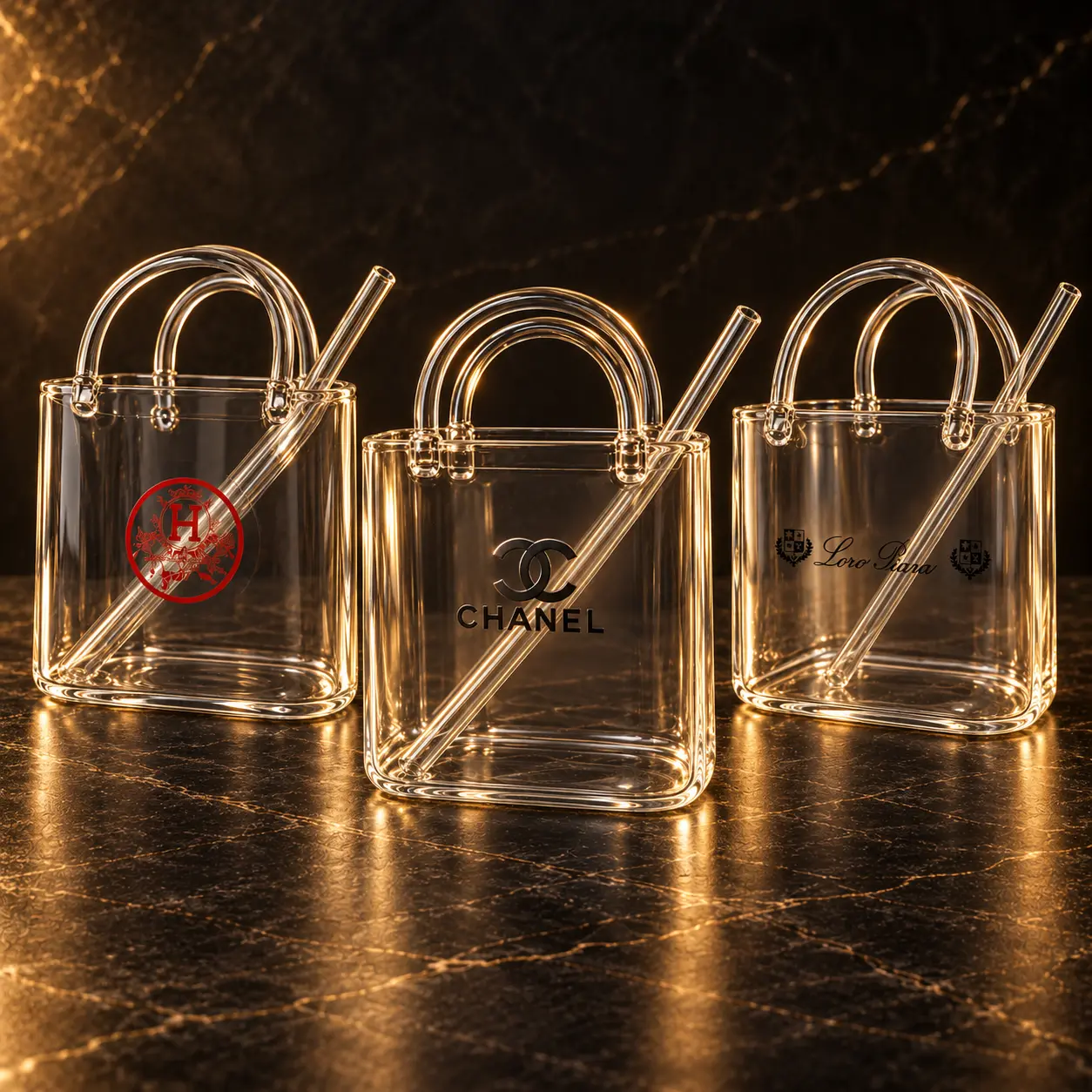 Les trois cocktails signature du Zoya servis dans leurs verres sacs à main