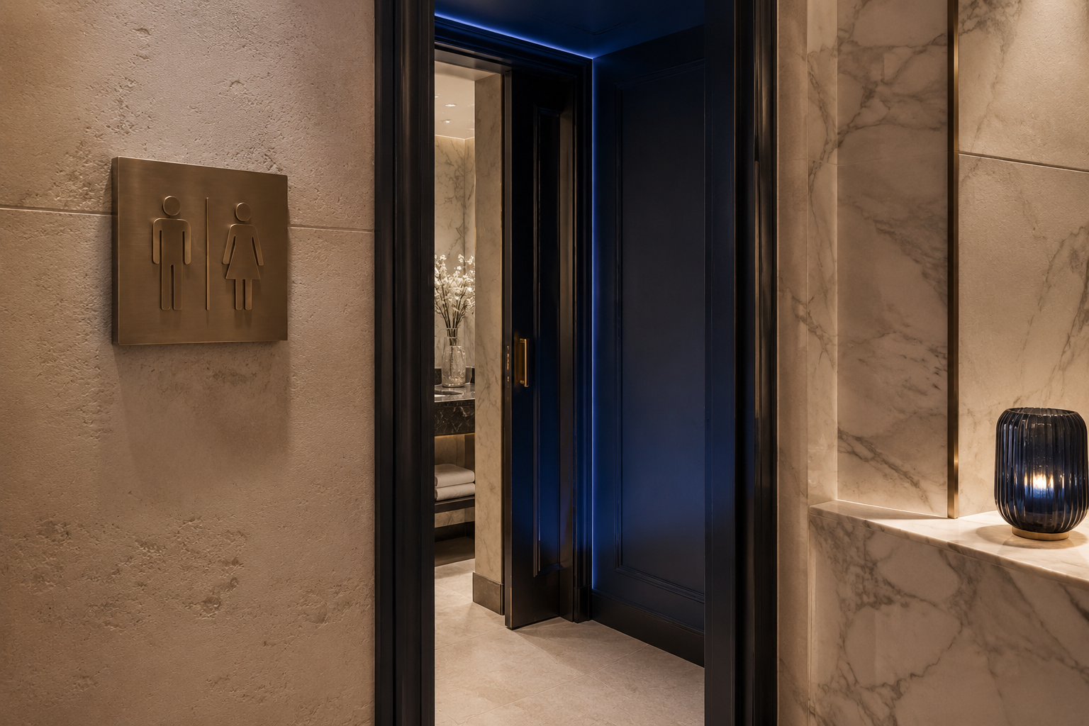Entrée élégante des toilettes du Le Zoya avec plaque homme et femme